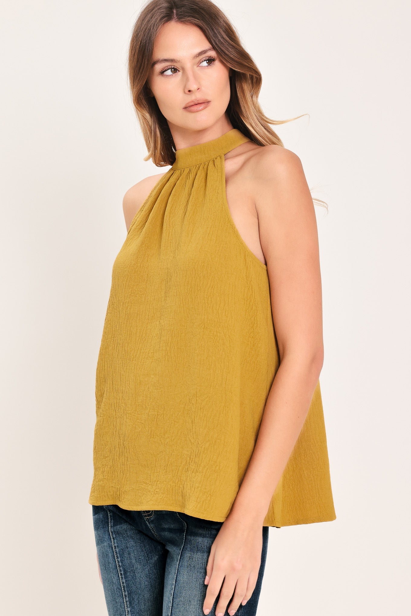 Golden State of Mind Woven Halter Top - styled with tailored trousers