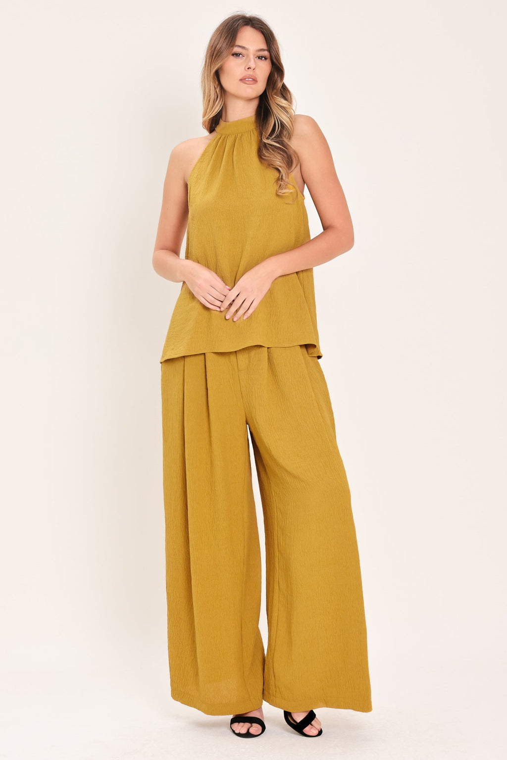 Golden State of Mind Woven Halter Top - full length styled view