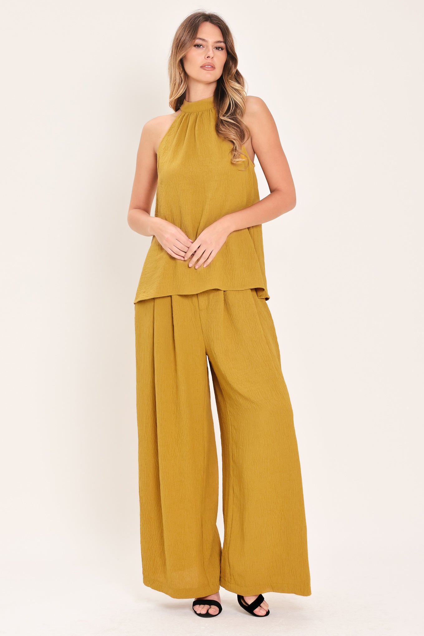 Golden State of Mind Woven Halter Top - full length styled view