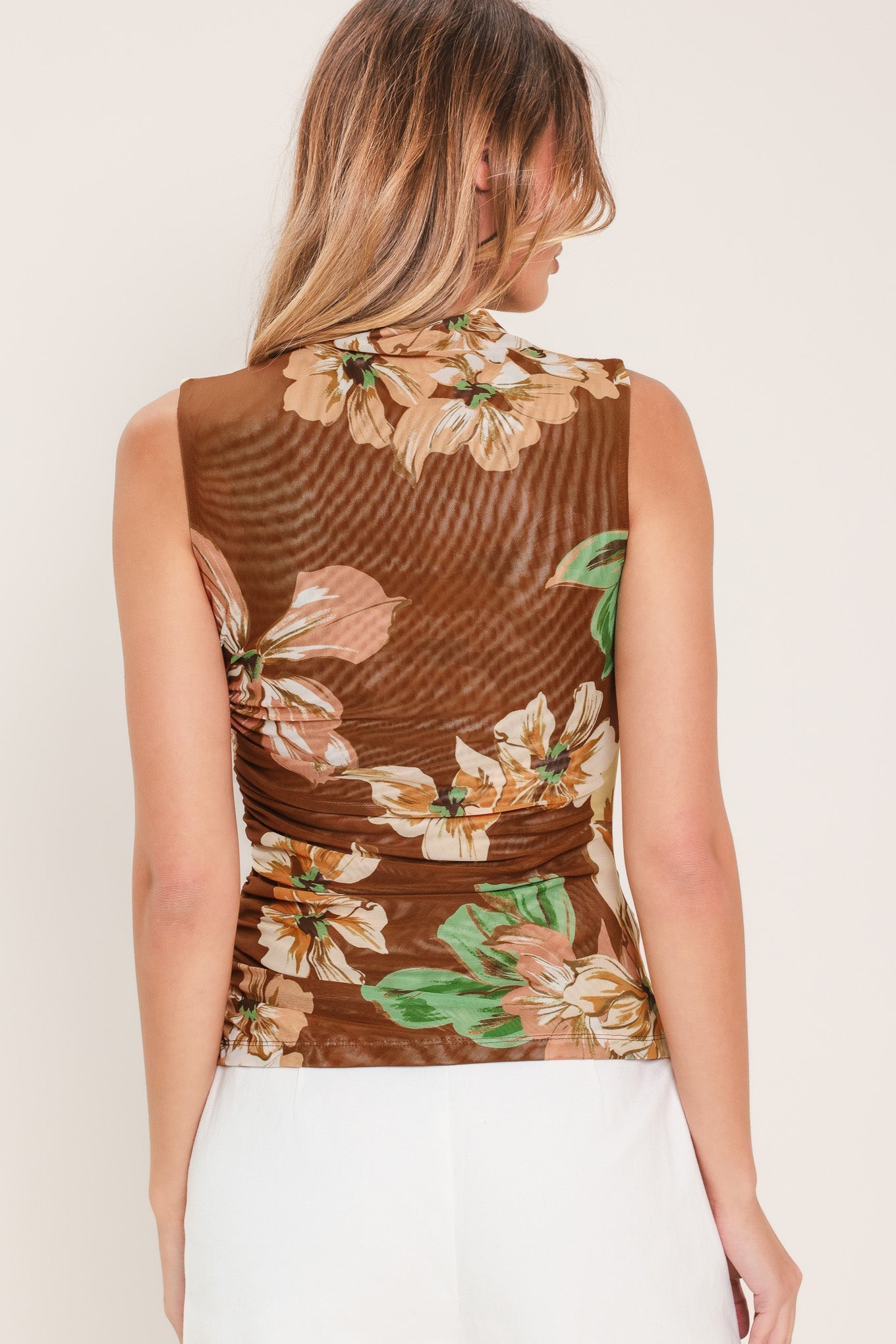 Mocha Garden Power Mesh Top - full length styled view