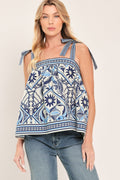 Capri Coast Tie-Strap Woven Top in Ivory Blue - front view showing shoulder ties