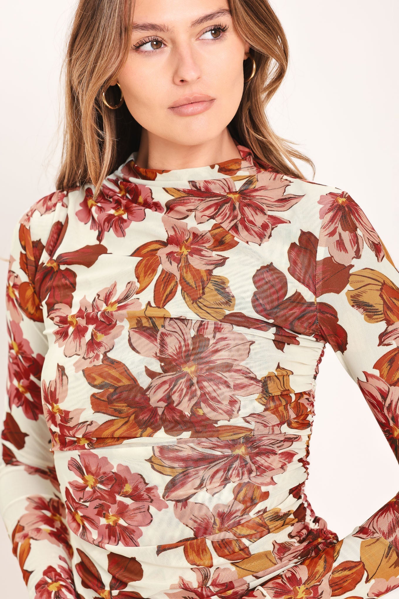 Seasonal Blossom Woven Mesh Top - floral print funnel neck top, view 4