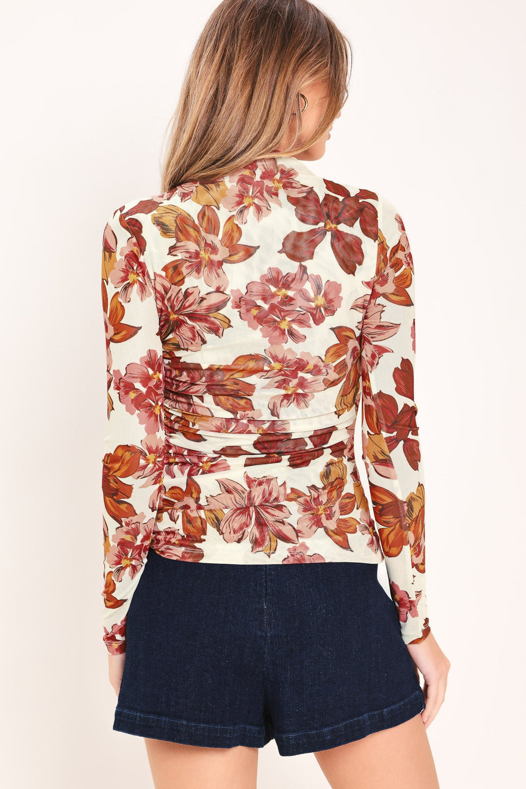 Seasonal Blossom Woven Mesh Top - floral print funnel neck top, view 7