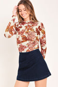 Seasonal Blossom Woven Mesh Top - floral print funnel neck top, view 1