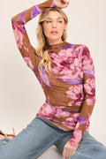 Floral Power Mesh Funnel Neck Top in brown pink multi, front view