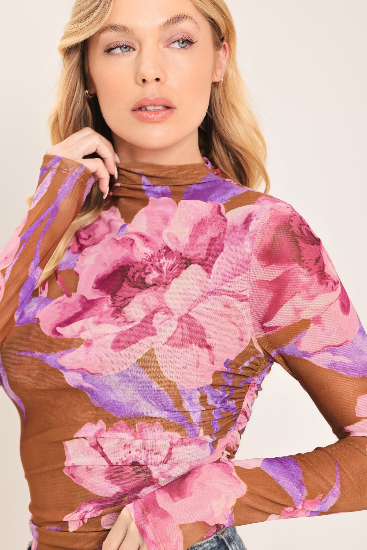 Floral Power Mesh Funnel Neck Top in brown pink multi, side view