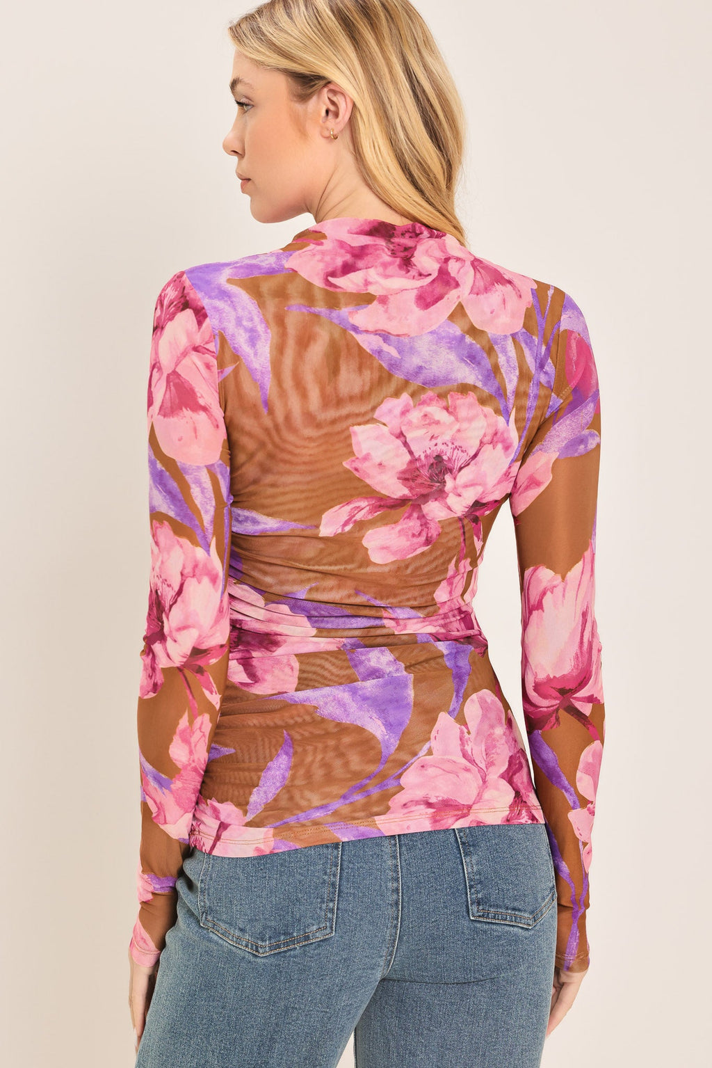 Floral Power Mesh Funnel Neck Top in brown pink multi, back view