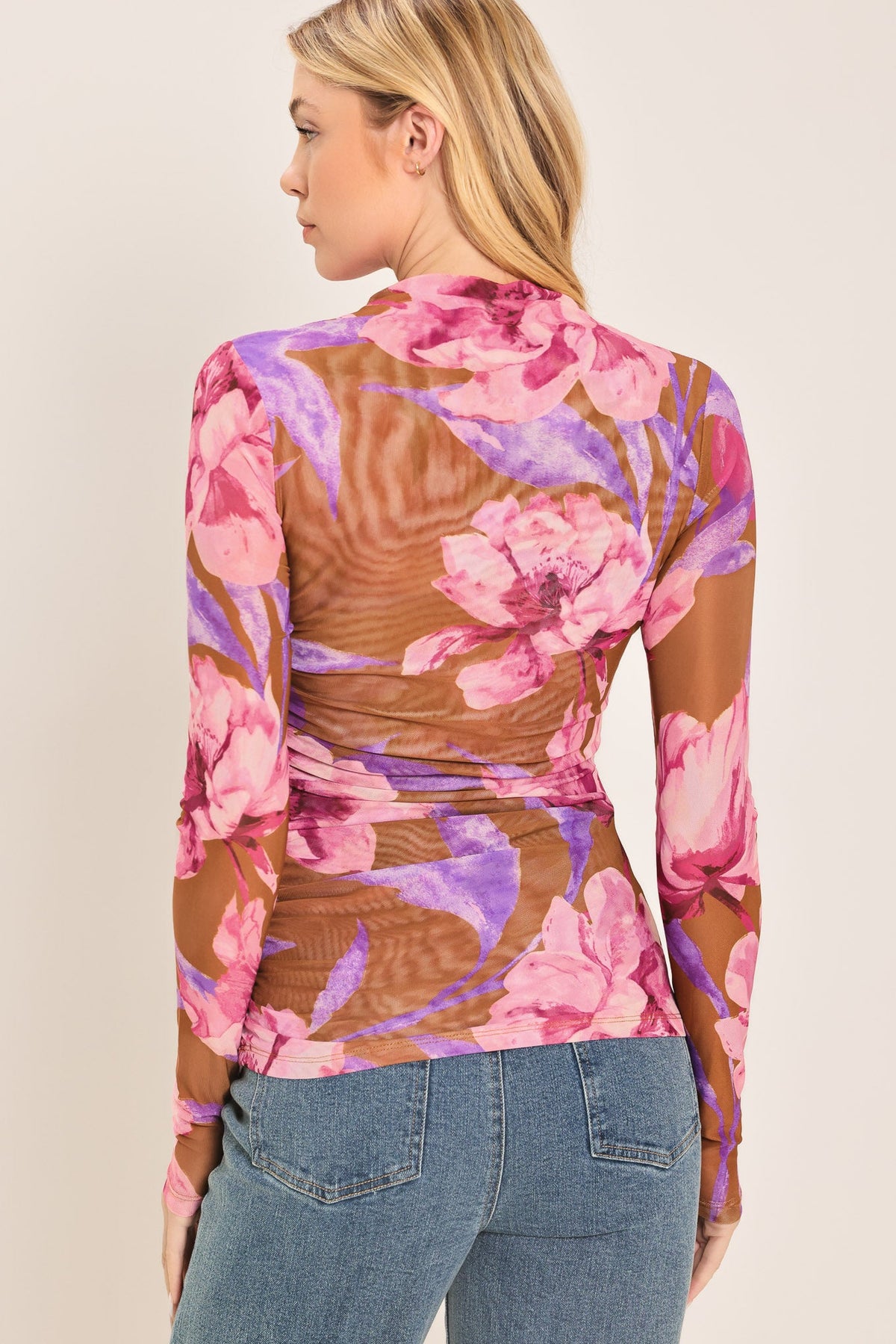 Floral Power Mesh Funnel Neck Top in brown pink multi, back view