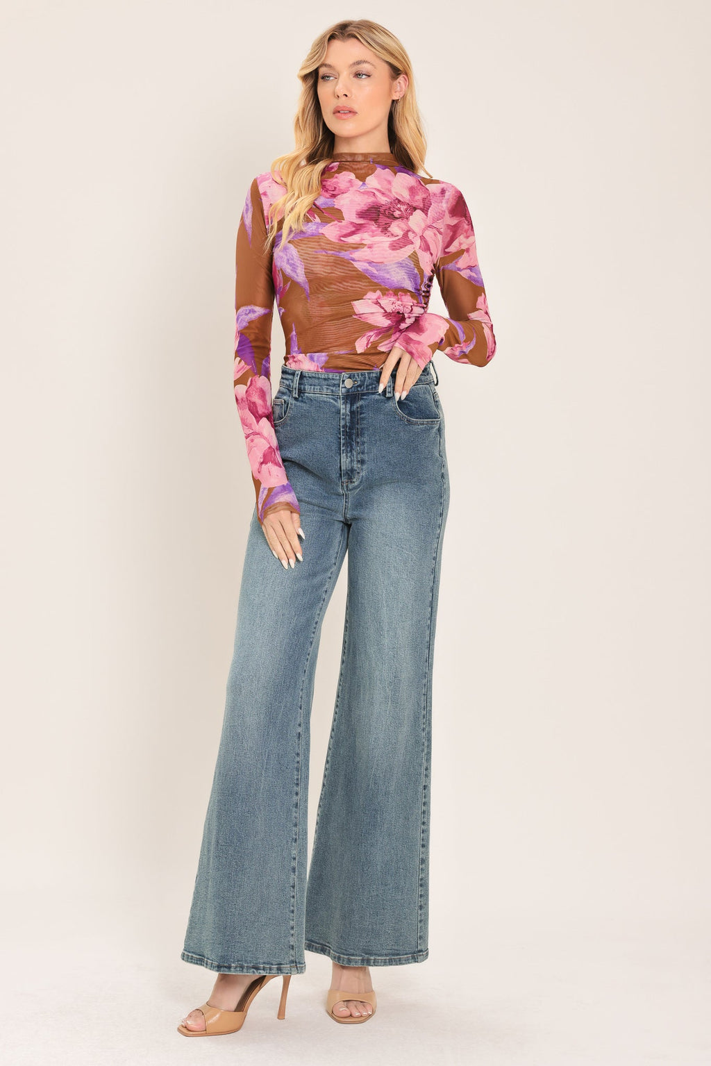 Floral Power Mesh Funnel Neck Top in brown pink multi, alternate view