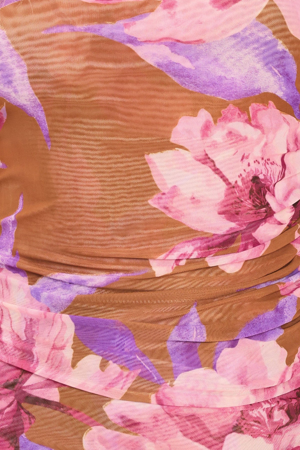Floral Power Mesh Funnel Neck Top fabric swatch, brown pink multi