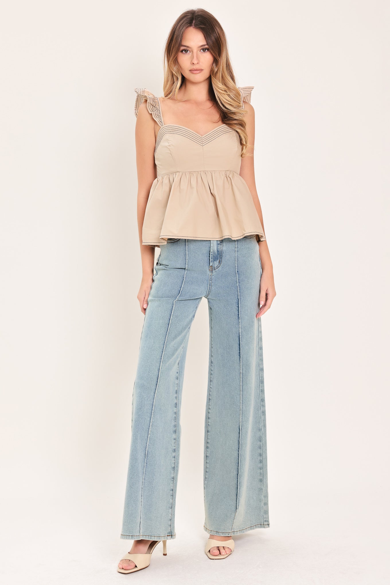 Seaside Flutter Woven Top - close up of sweetheart neckline and flutter sleeve detail