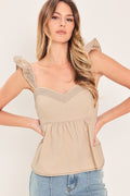 Seaside Flutter Woven Top in Neutral - front view showing sweetheart neckline and flutter sleeves