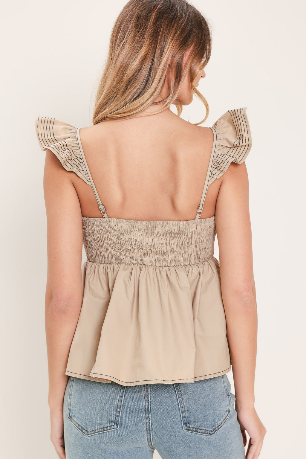 Seaside Flutter Woven Top in Neutral - back view