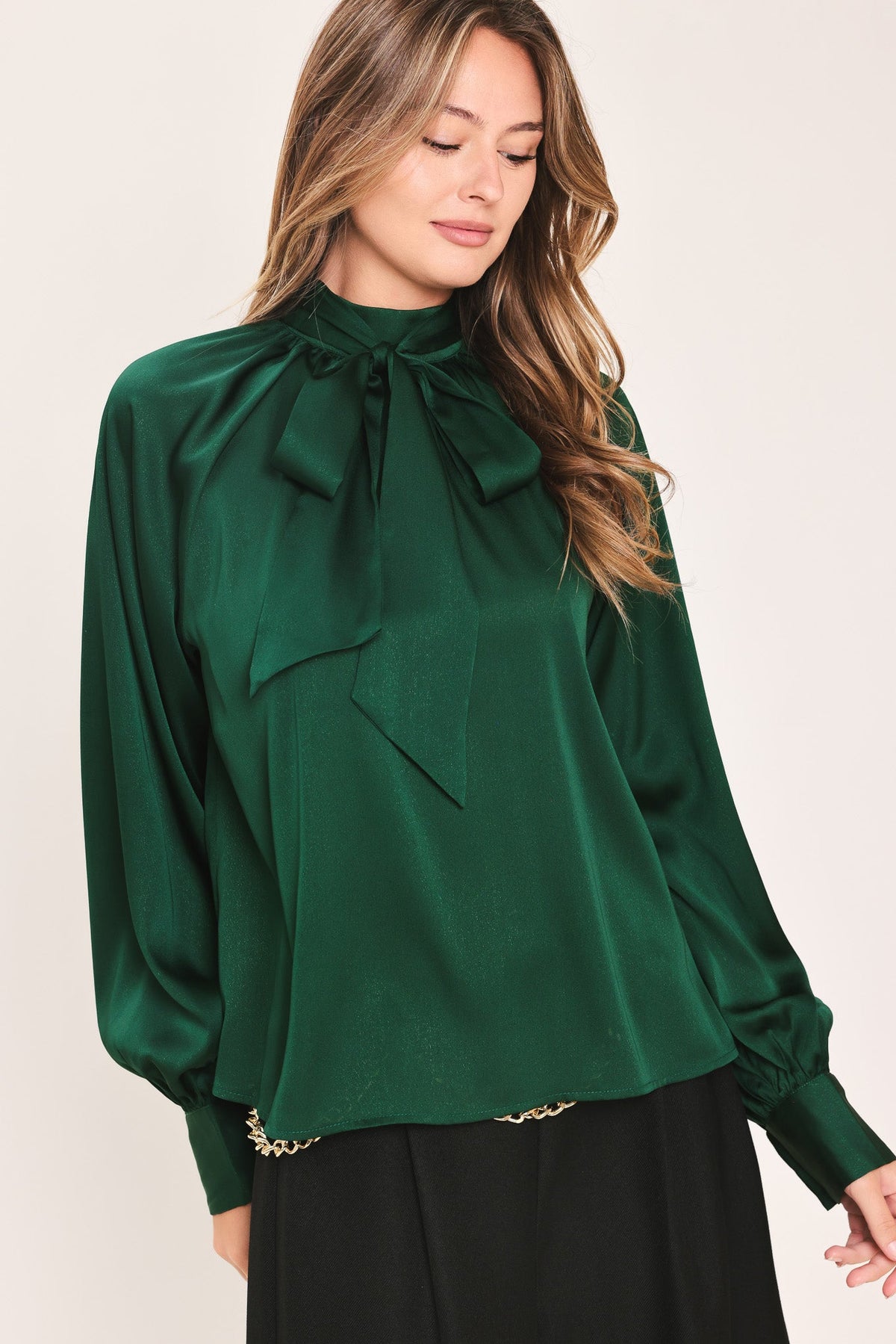 Hunter Green Tie Neck Raglan Top in hunter green, front view
