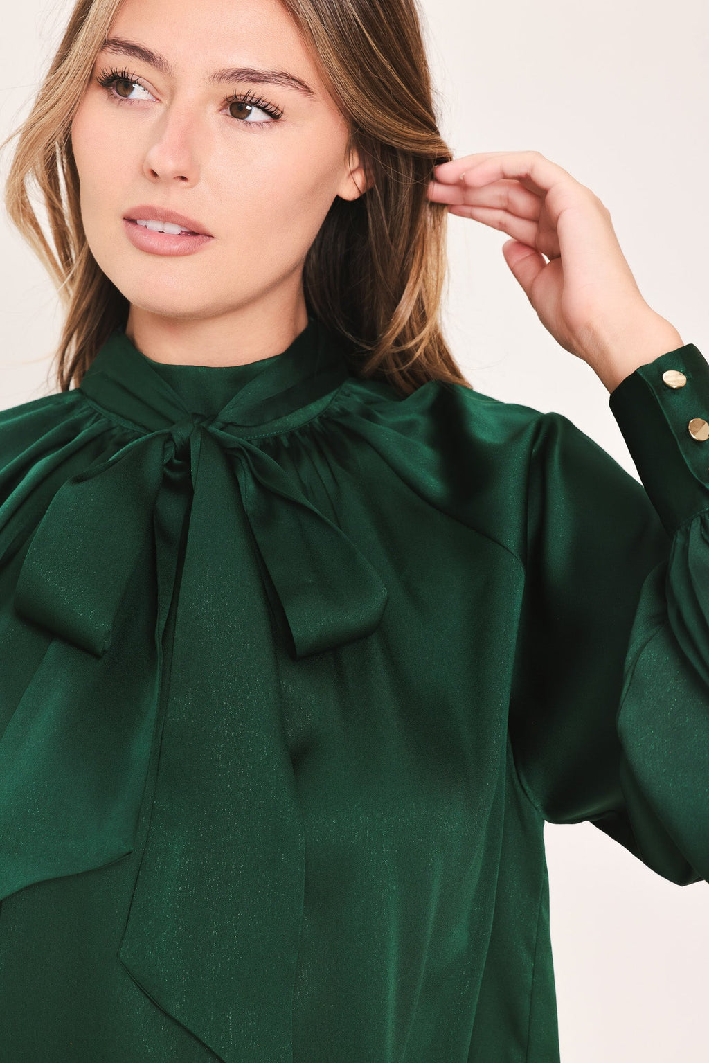 Hunter Green Tie Neck Raglan Top in hunter green, detail view