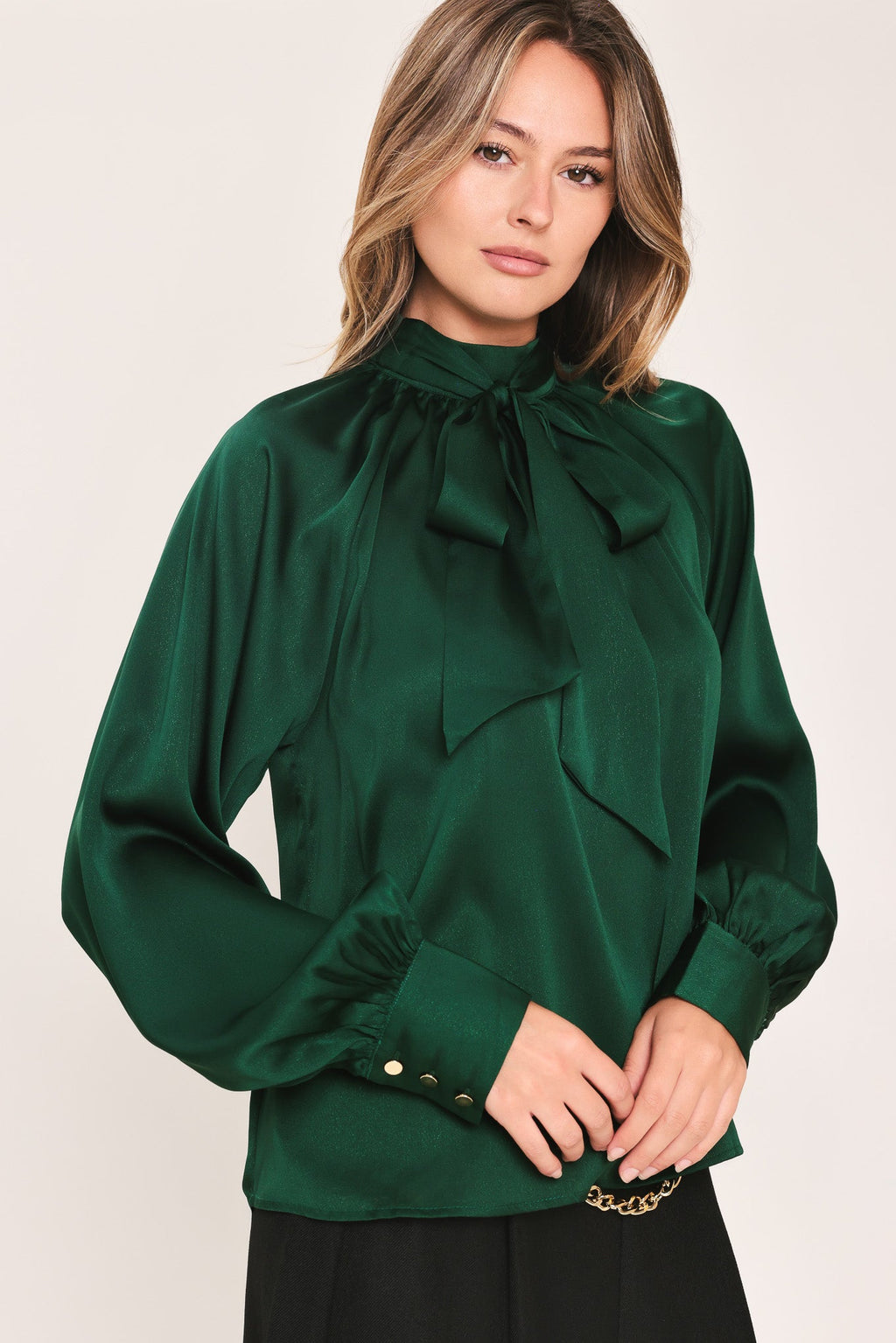 Hunter Green Tie Neck Raglan Top in hunter green, styled view