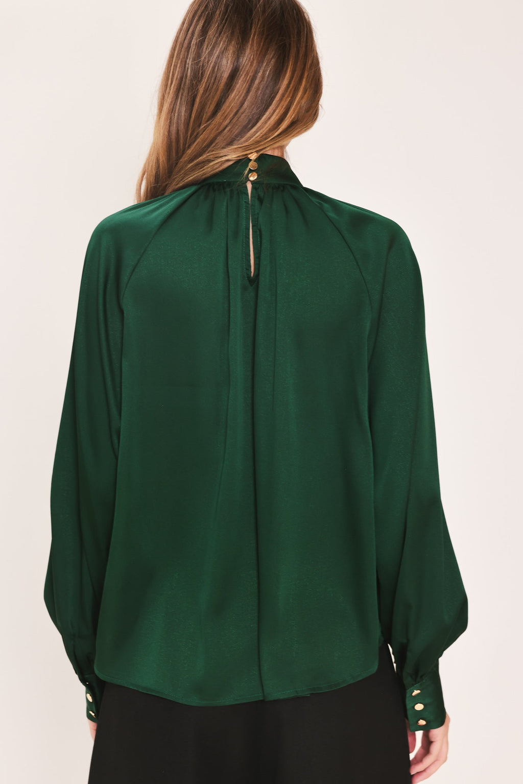 Hunter Green Tie Neck Raglan Top in hunter green, lifestyle view