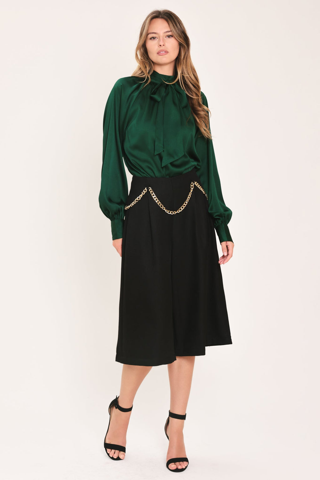 Hunter Green Tie Neck Raglan Top in hunter green, back view