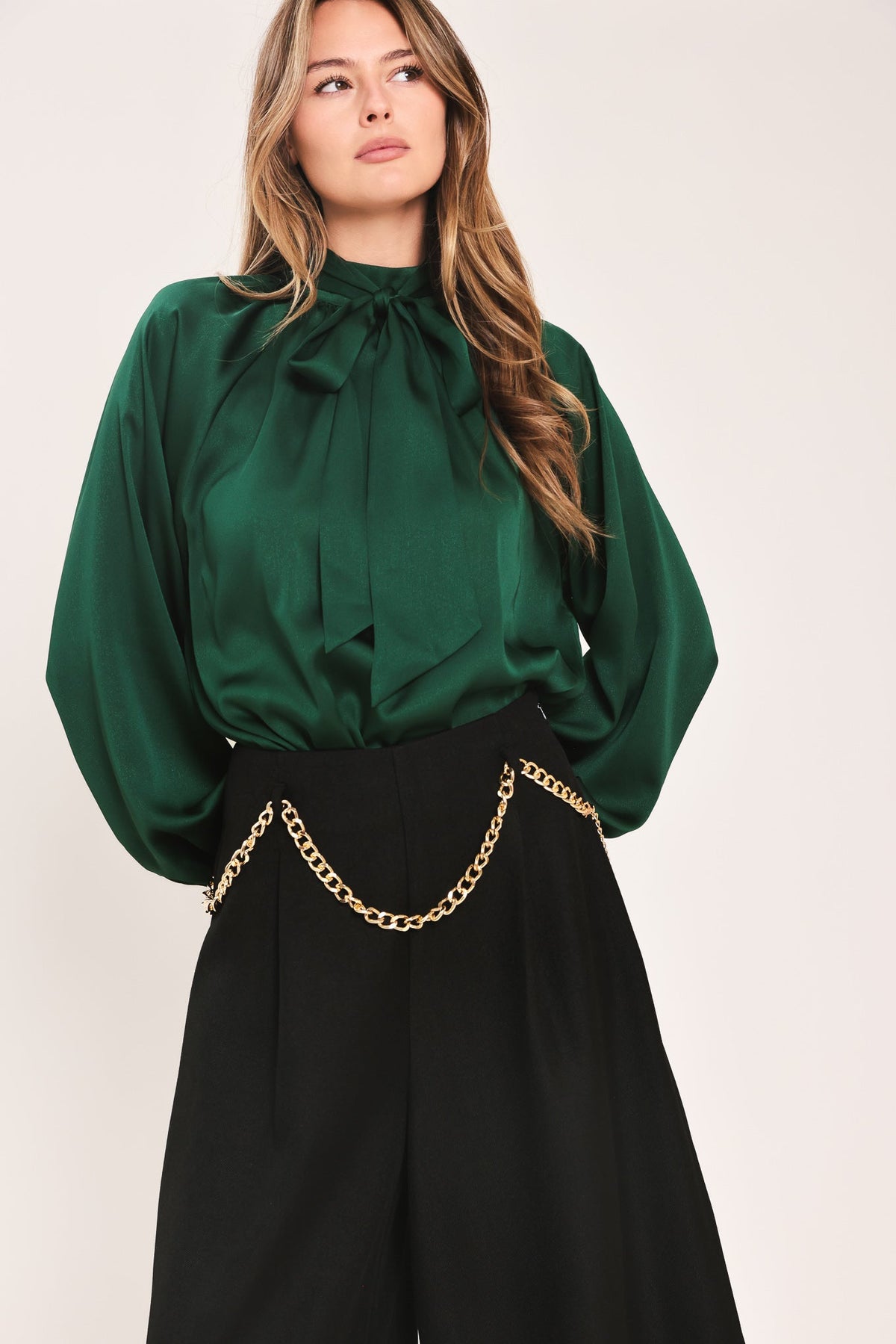 Hunter Green Tie Neck Raglan Top in hunter green, alternate view