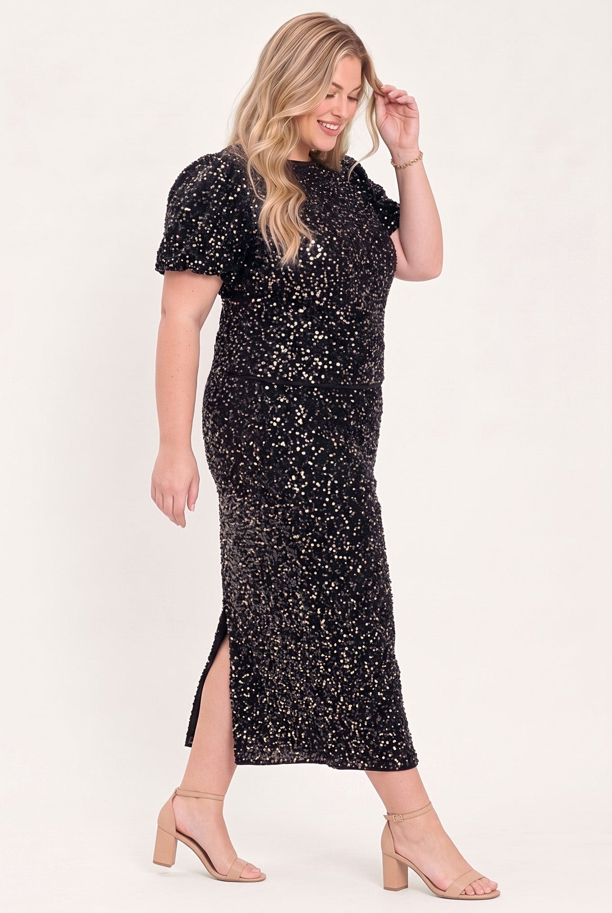 Black sequin bubble sleeve top - view 9
