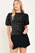Black sequin bubble sleeve top - view 1