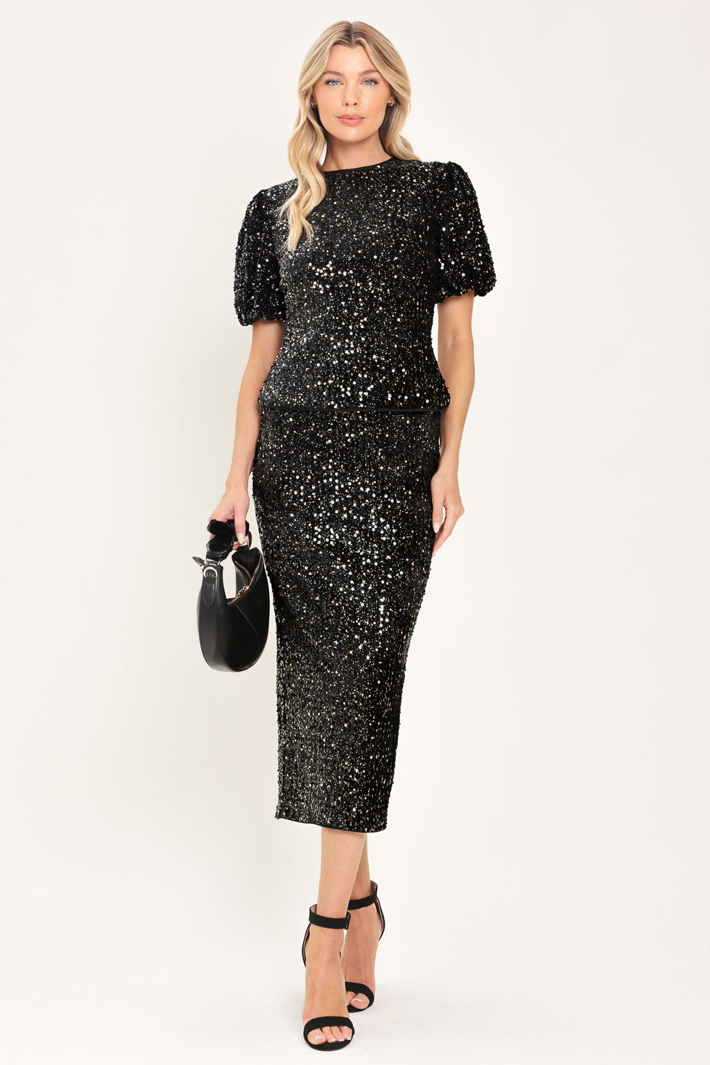 Black sequin bubble sleeve top - view 5