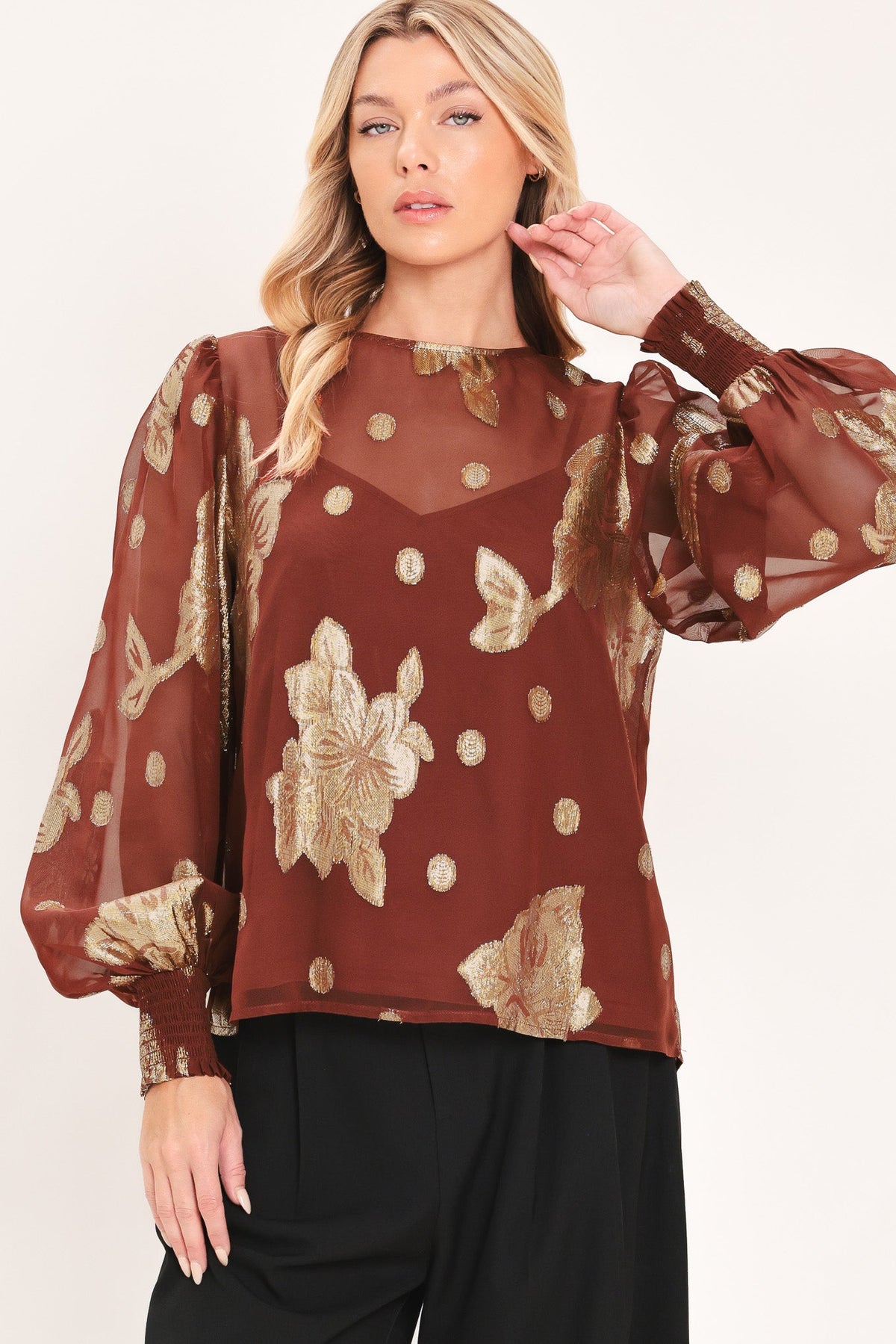 Brick metallic floral jacquard blouson sleeve top - view 1