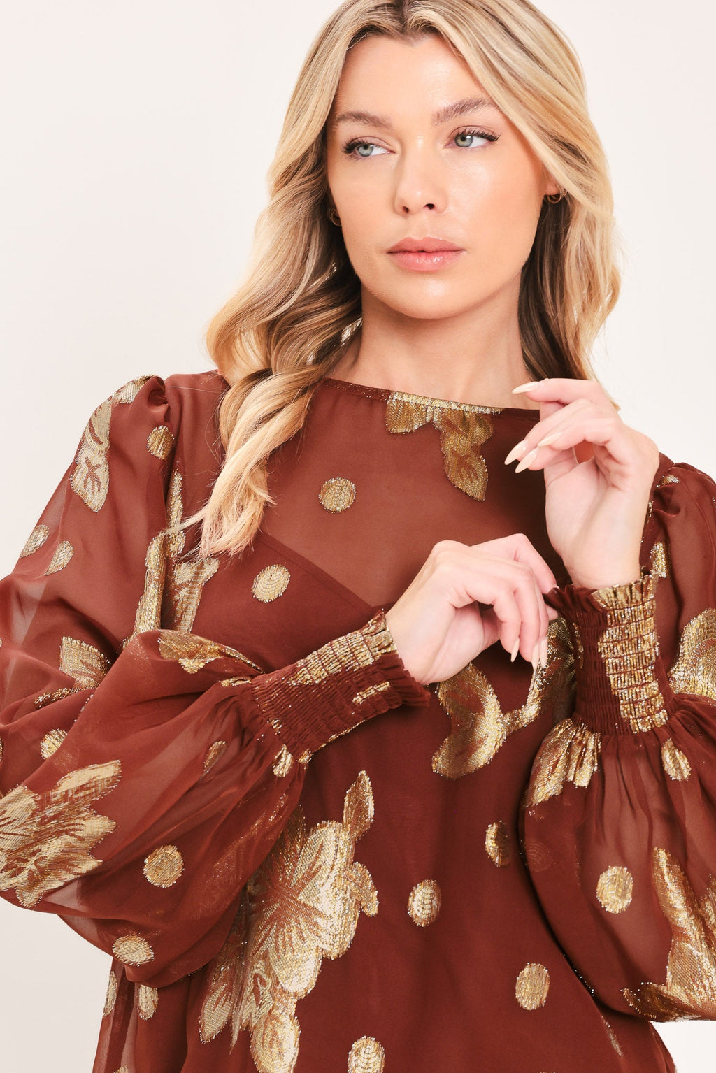 Brick metallic floral jacquard blouson sleeve top - view 2