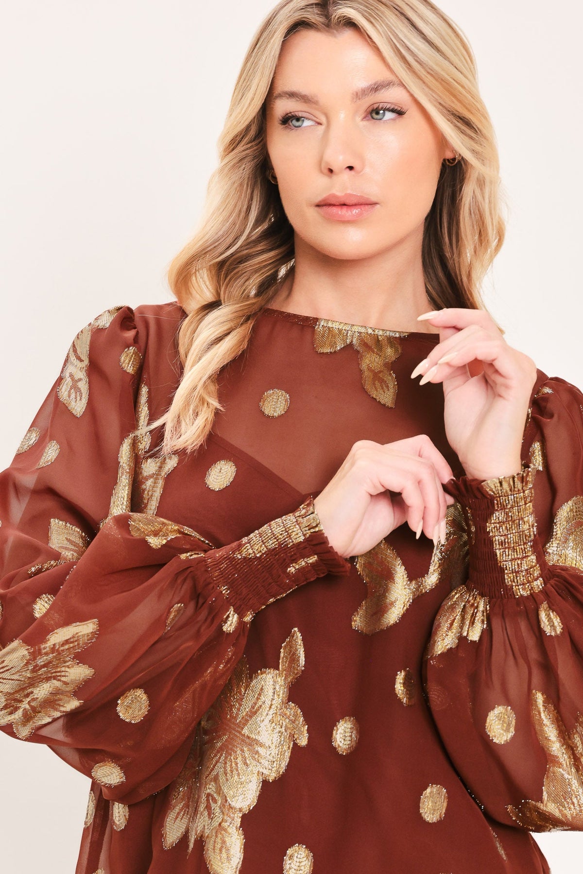 Brick metallic floral jacquard blouson sleeve top - view 2
