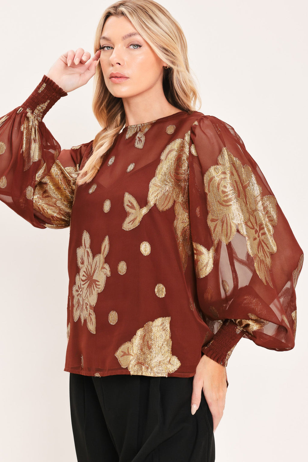 Brick metallic floral jacquard blouson sleeve top - view 4
