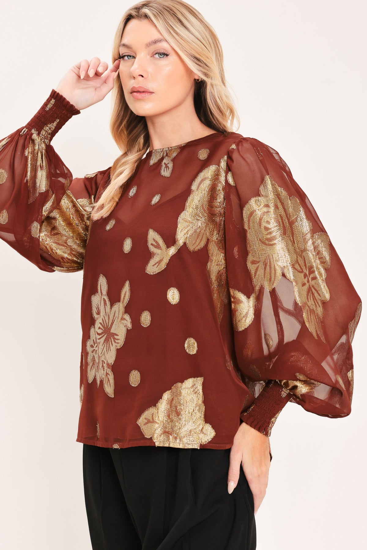 Brick metallic floral jacquard blouson sleeve top - view 4