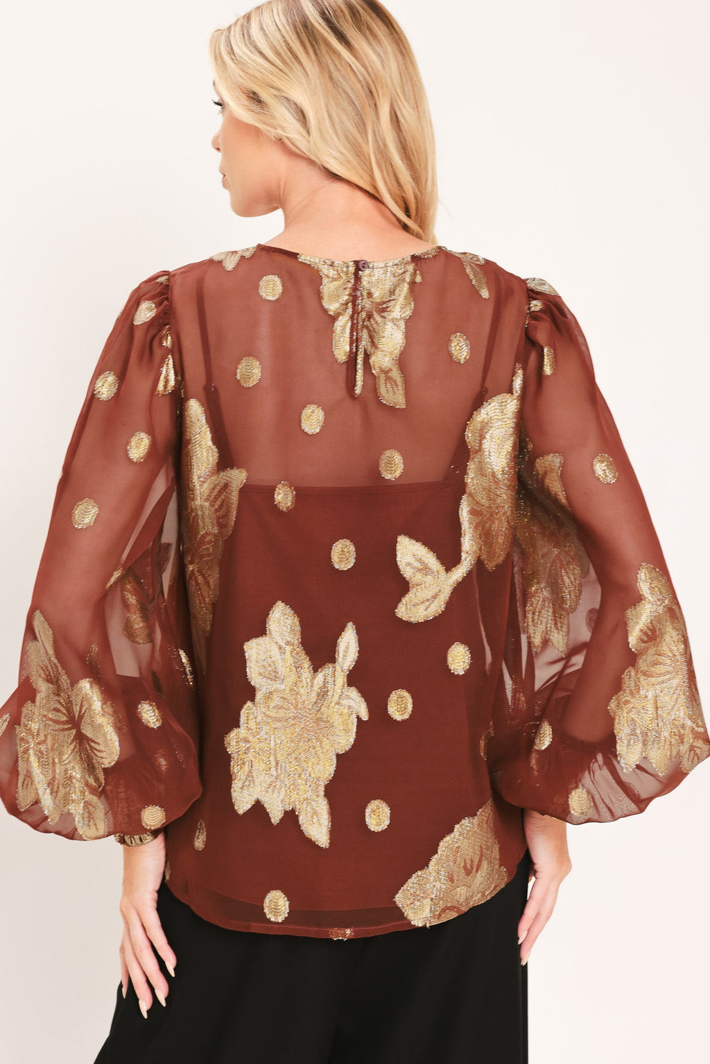 Brick metallic floral jacquard blouson sleeve top - view 6