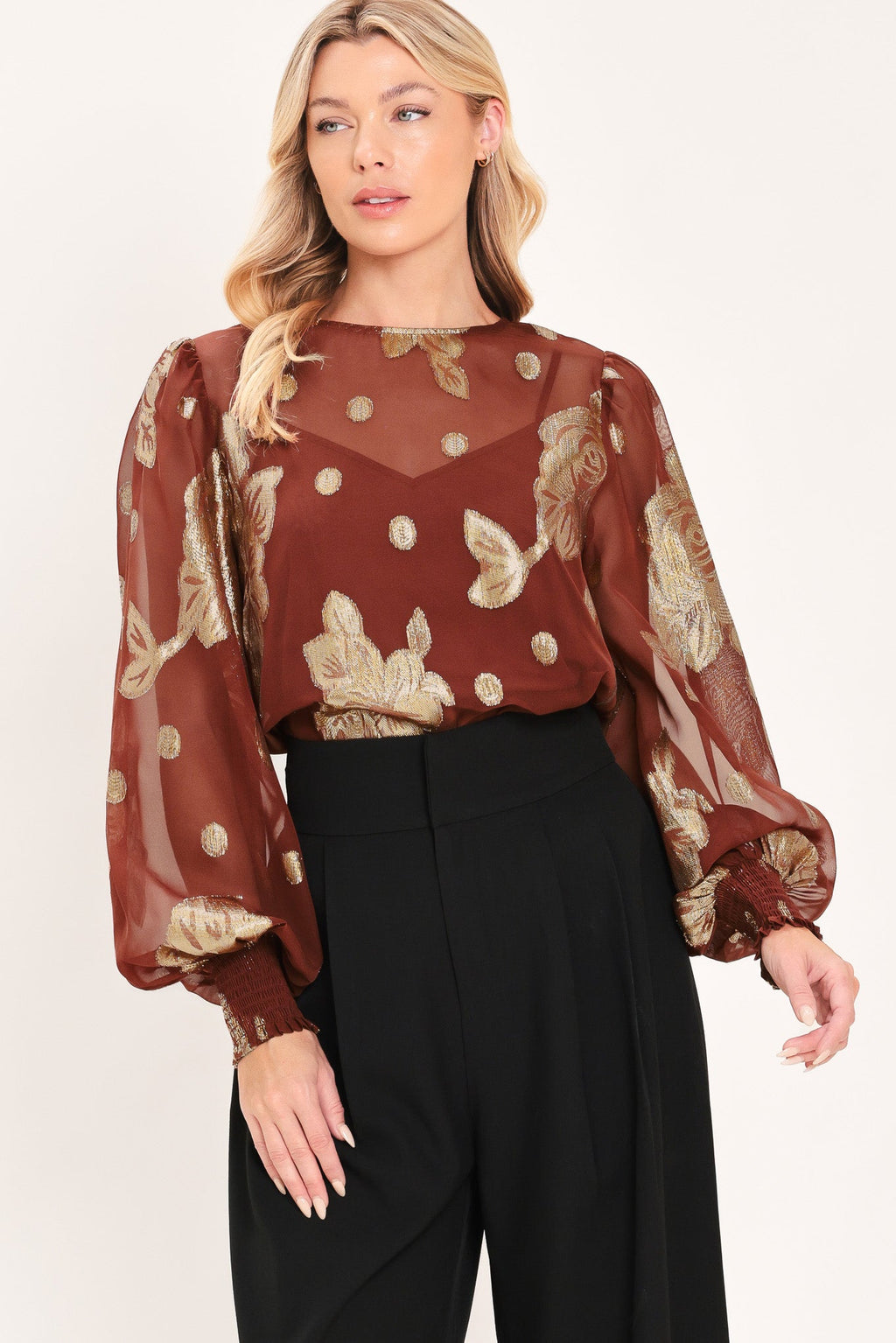 Brick metallic floral jacquard blouson sleeve top - view 5