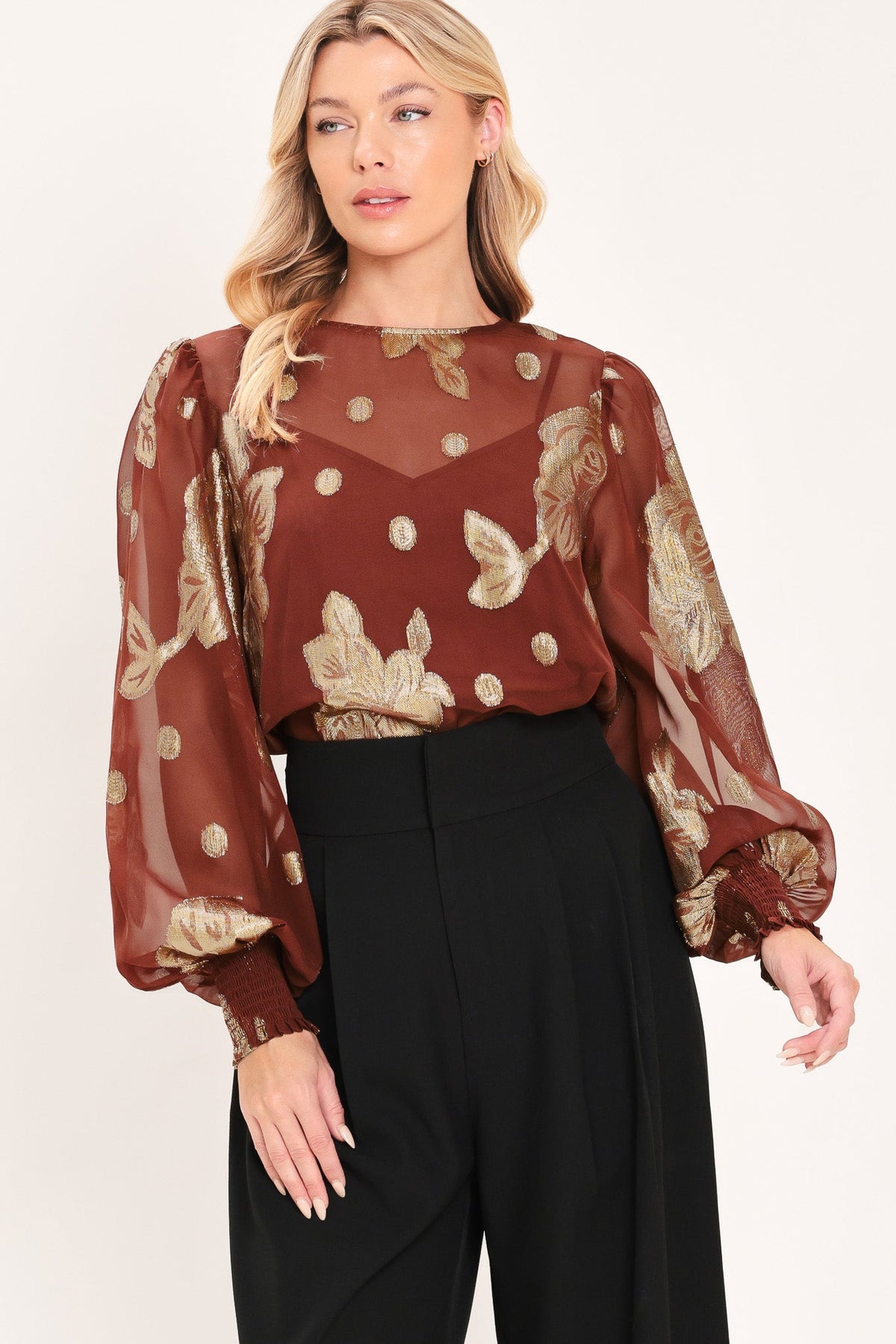 Brick metallic floral jacquard blouson sleeve top - view 5