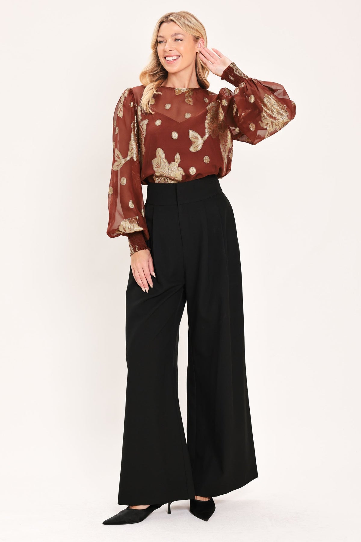 Brick metallic floral jacquard blouson sleeve top - view 3