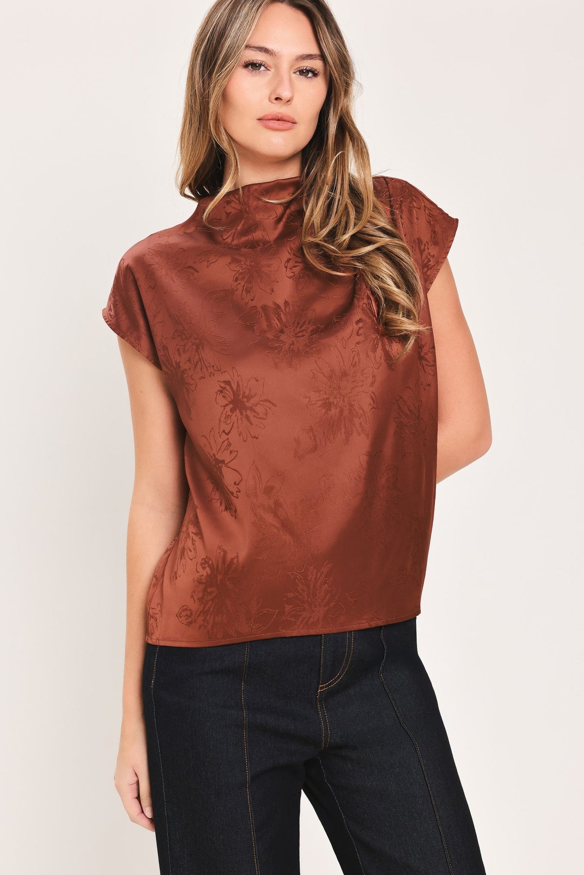 Jacquard satin funnel-neck top - view 1