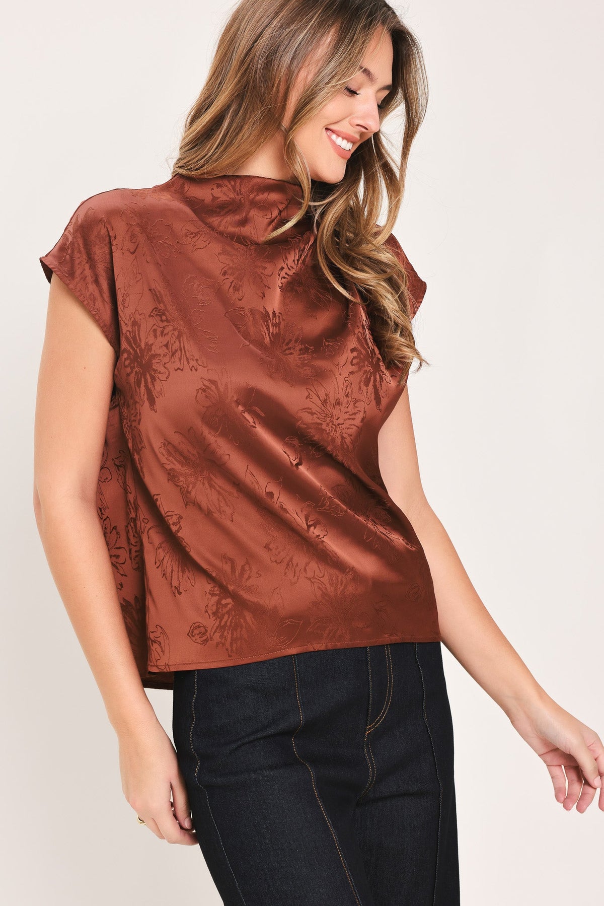 Jacquard satin funnel-neck top - view 4
