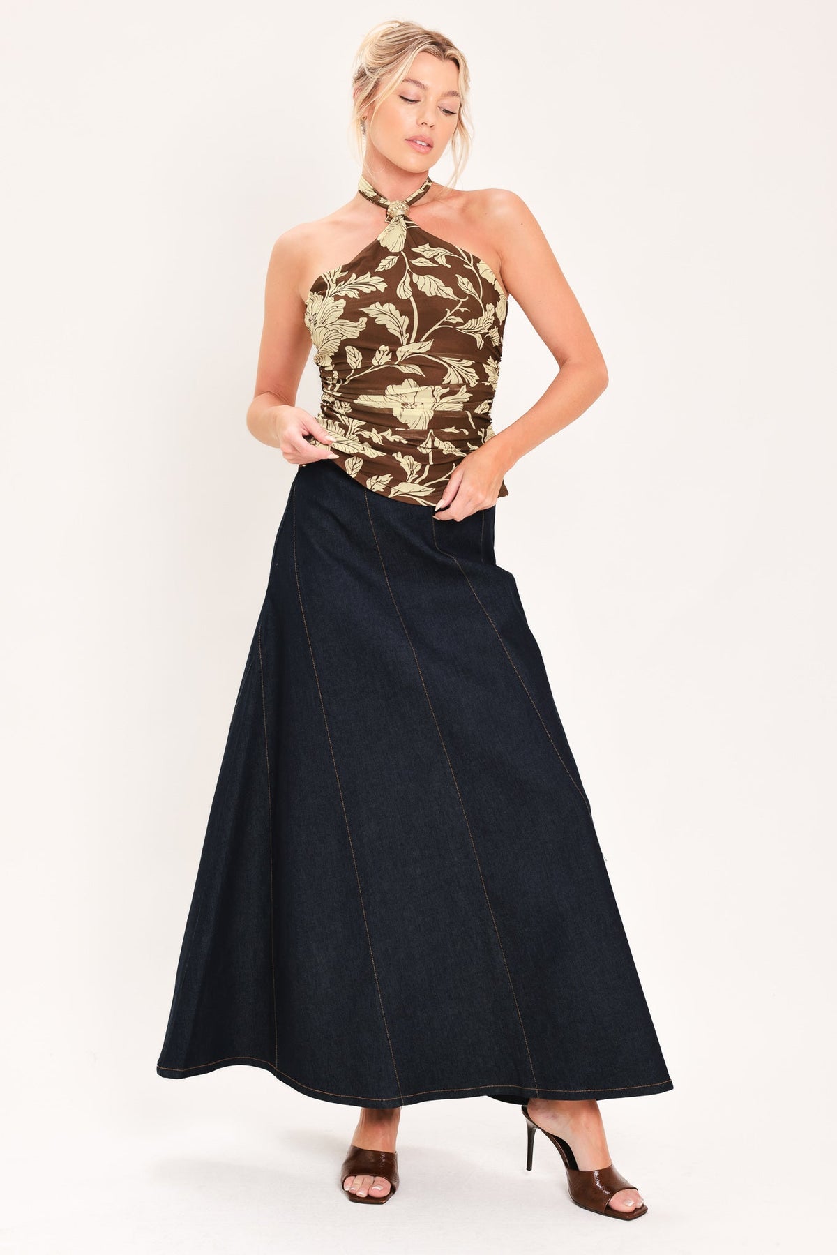 Brown floral mesh halter top with side shirring - view 2