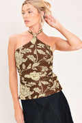 Brown floral mesh halter top with side shirring - view 1