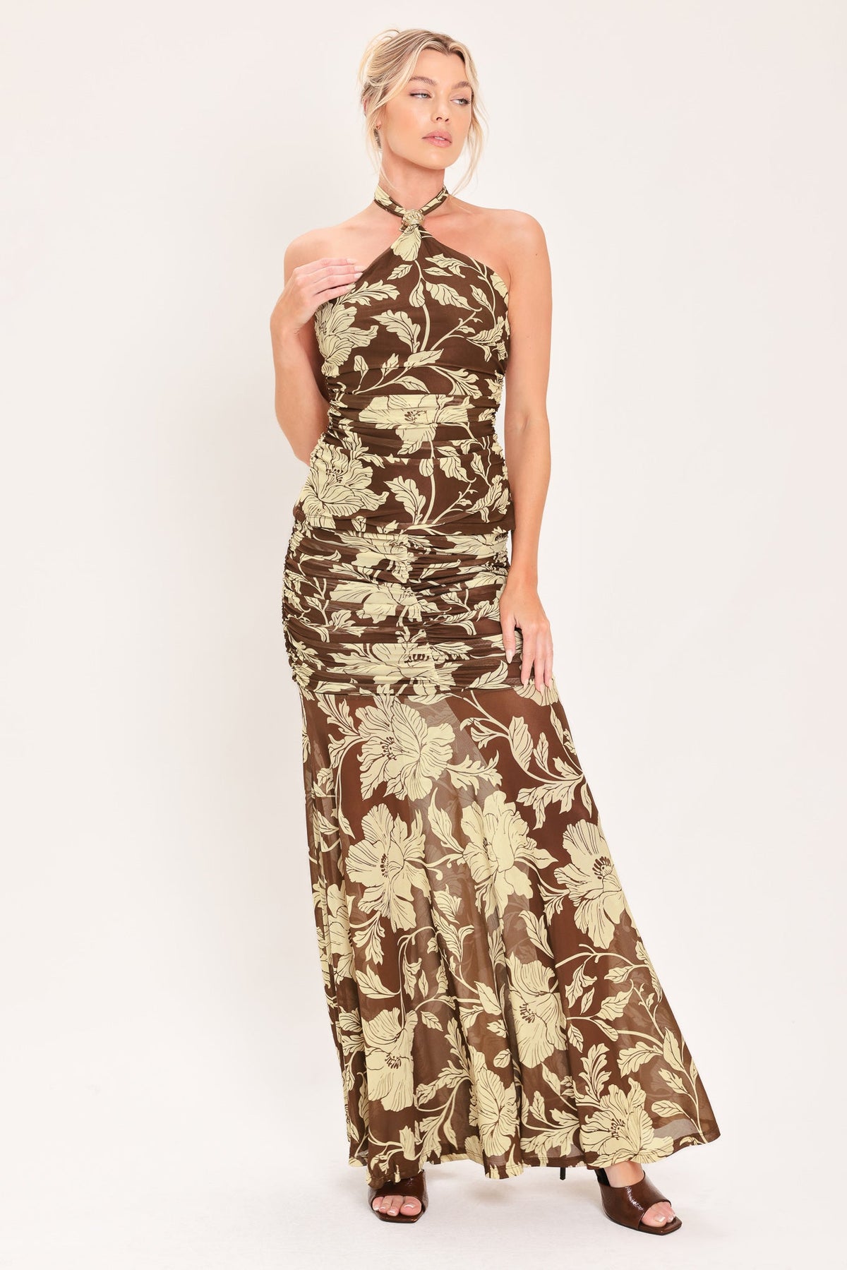Brown floral mesh halter top with side shirring - view 5