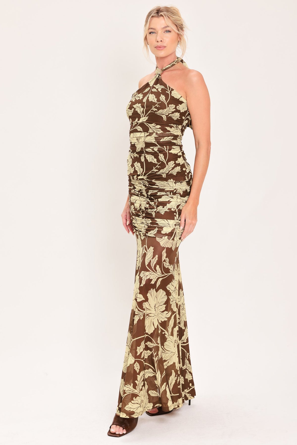 Brown floral mesh halter top with side shirring - view 7