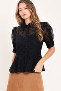 Polka Dot Puff Sleeve Peplum Top in black, front view