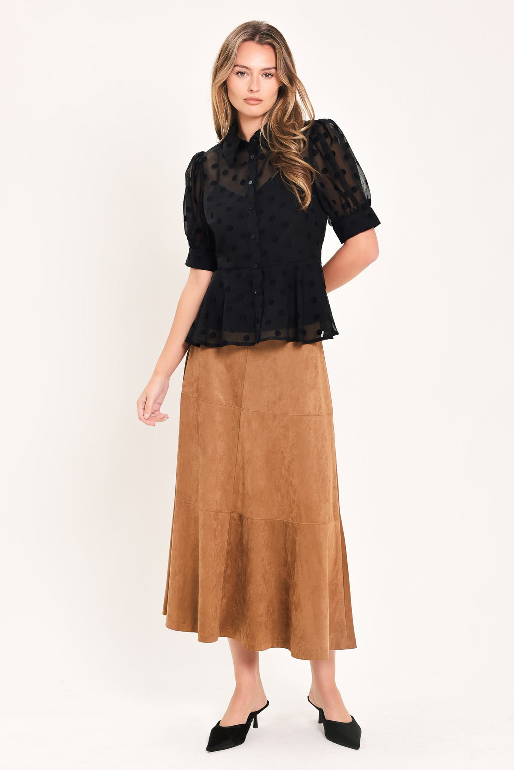 Polka Dot Puff Sleeve Peplum Top in black, detail