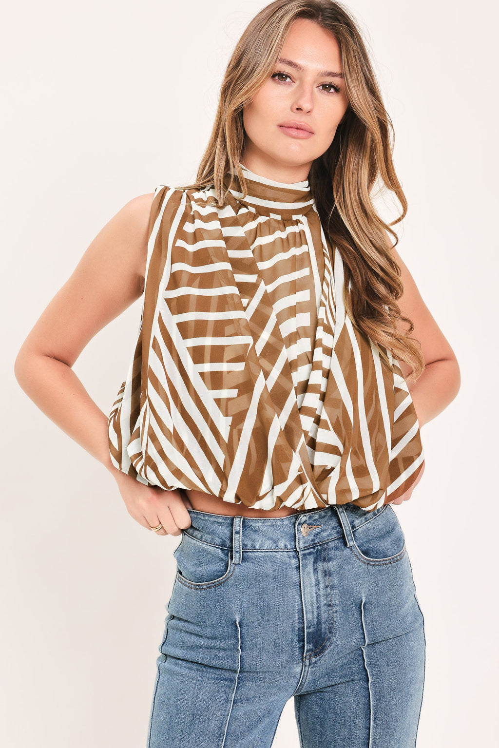Ribbon Tie-Back Bubble Hem Woven Top in mocha, front view