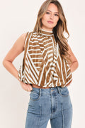 Ribbon Tie-Back Bubble Hem Woven Top in mocha, front view