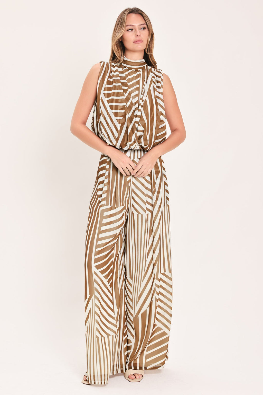 Ribbon Tie-Back Bubble Hem Woven Top in mocha, back view