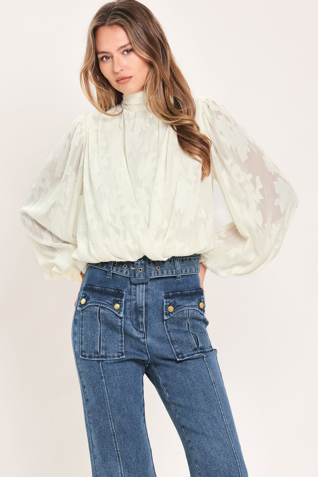 Ivory Cloud Jacquard Wrap Top in cream, front view