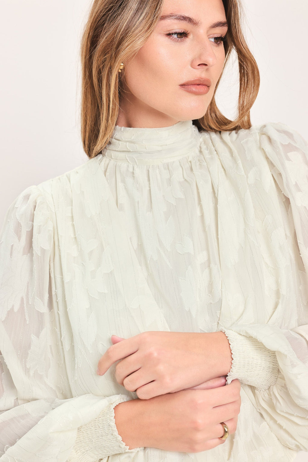 Ivory Cloud Jacquard Wrap Top in cream, detail