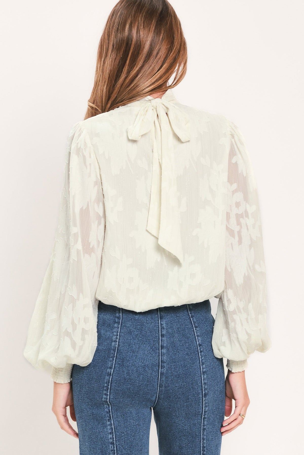Ivory Cloud Jacquard Wrap Top in cream, back view