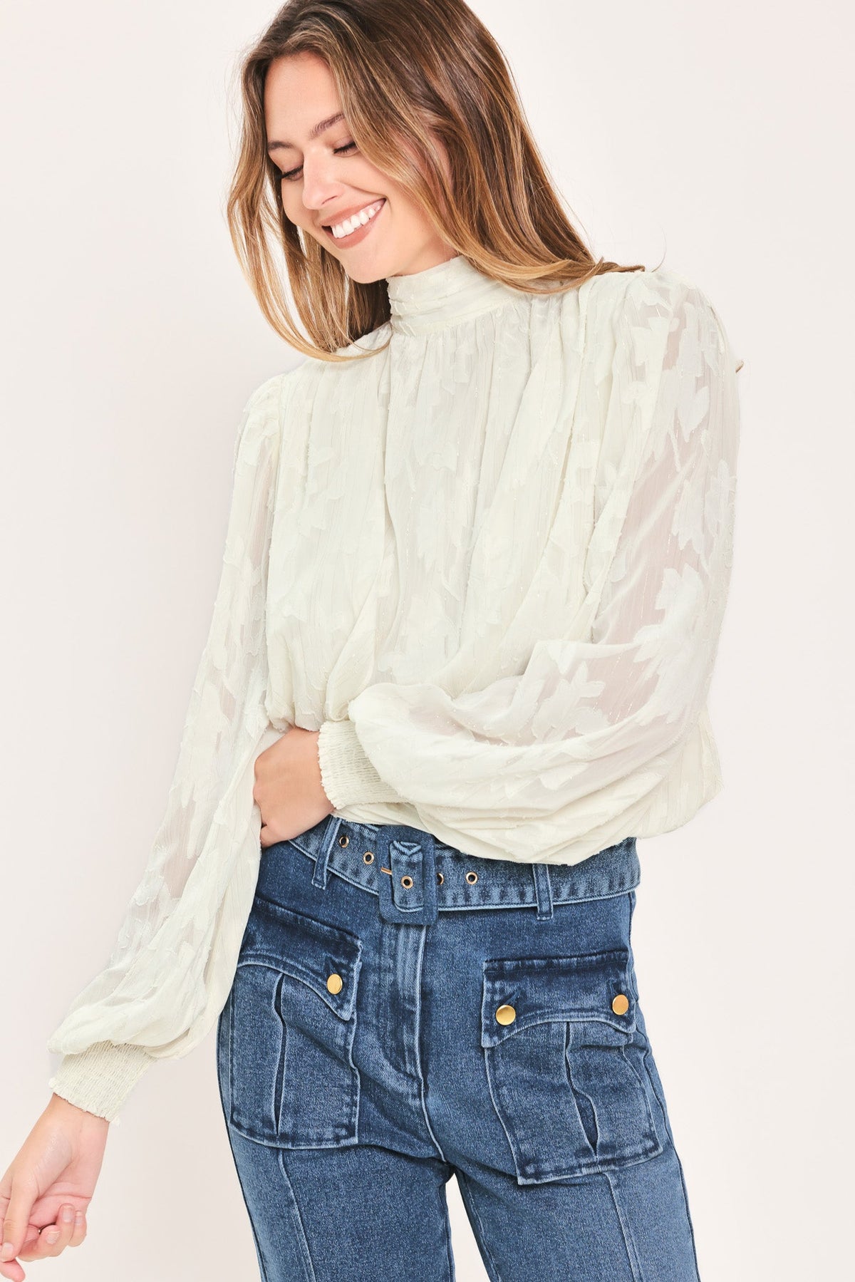 Ivory Cloud Jacquard Wrap Top in cream, close-up